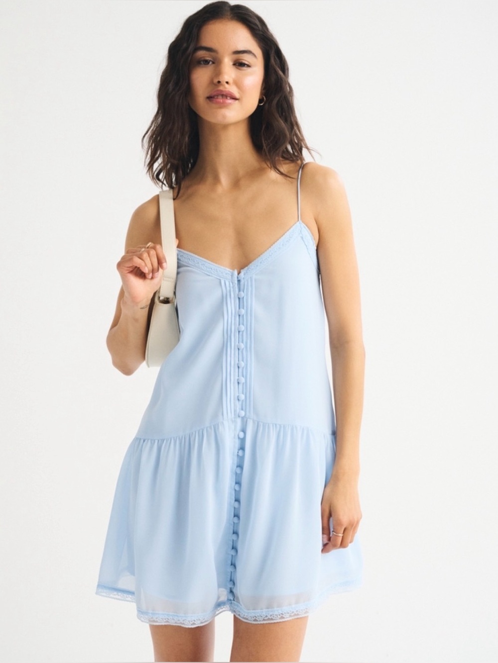Abercrombie V Neck Button Mini Dress Light Blue - LT